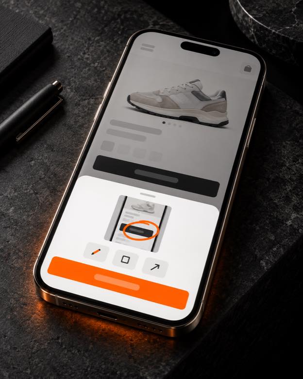 A phone on a stone desk: a shop page with the Notarus widget open, a screenshot with an orange circle drawn around the broken button