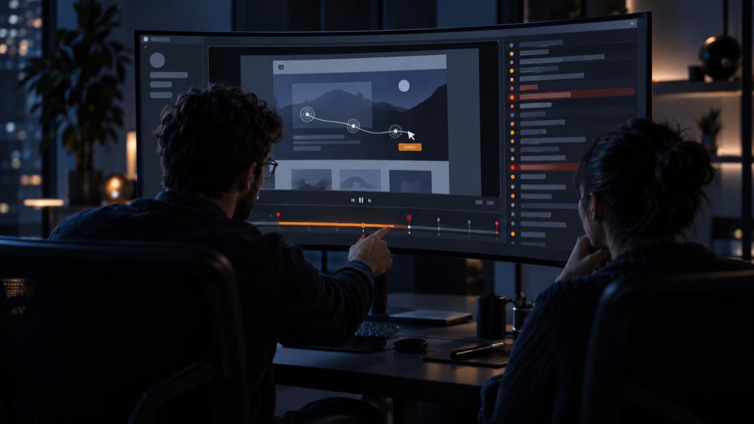 Two engineers at a curved monitor at night, one pointing at a red error marker on a session replay timeline