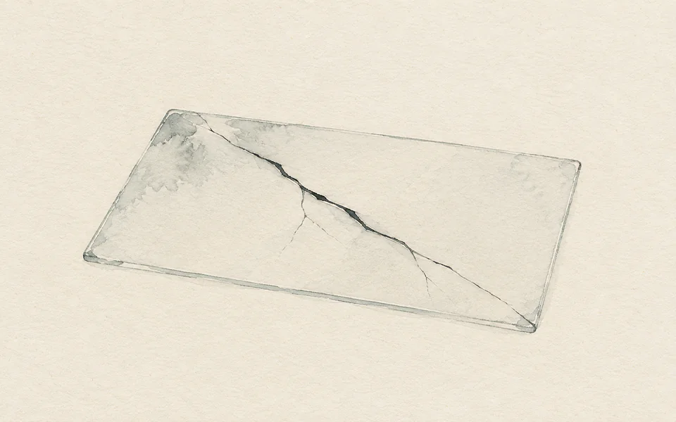 Watercolour of a single hairline crack across a pane of glass, the wash pooling dark along the fracture
