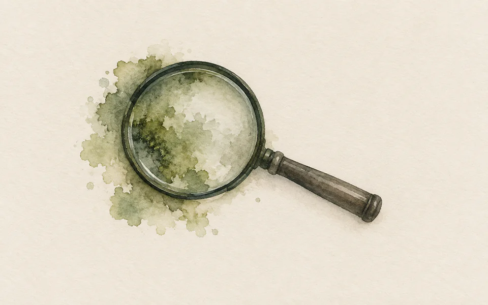 Watercolour of a hand lens lying flat, a pool of moss green gathered under the glass