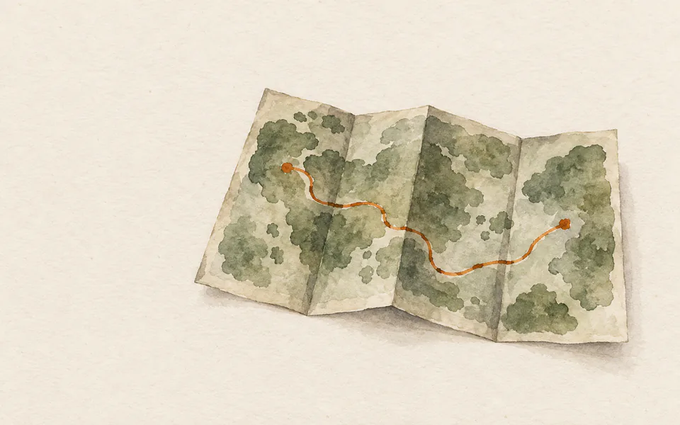 Watercolour of a folded paper map with one burnt orange route traced across its green ground