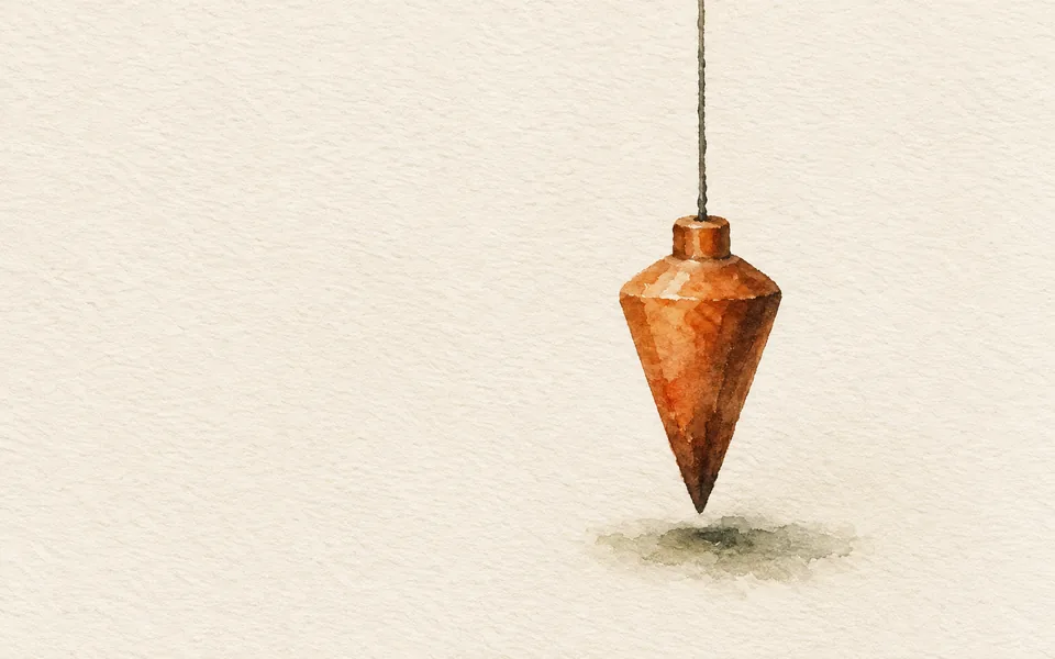 Watercolour of a burnt orange plumb bob hanging from a taut string, its point above a soft olive wash