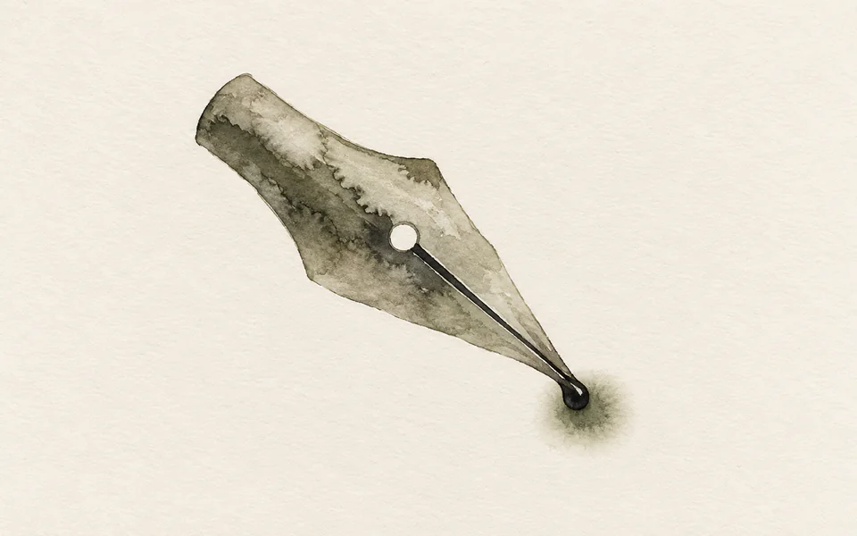 Watercolour of a fountain pen nib, one dark drop of ink swelling at its tip