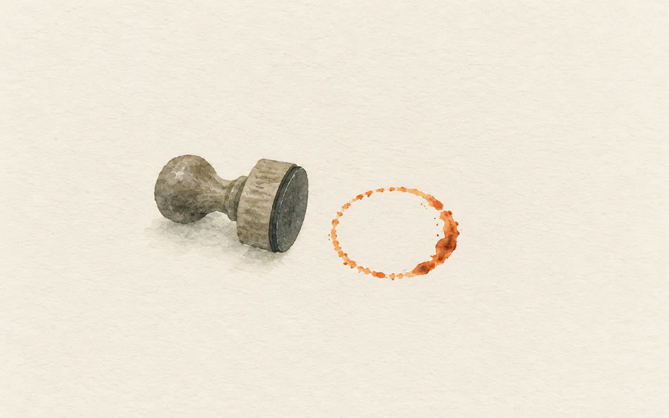 Watercolour of a rubber stamp resting on its side beside a dried ring of orange ink