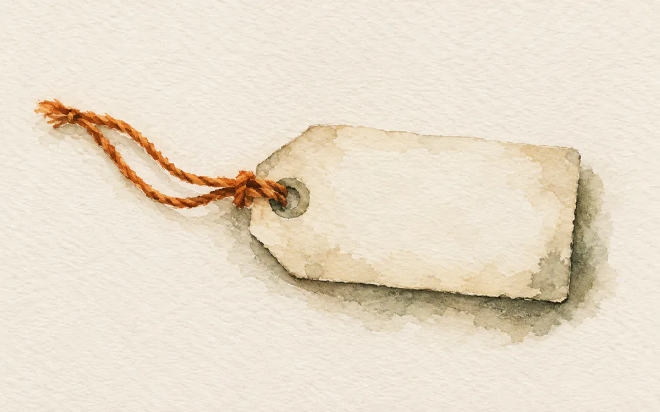 Watercolour of a blank paper luggage tag, its loop of burnt orange string trailing across the paper