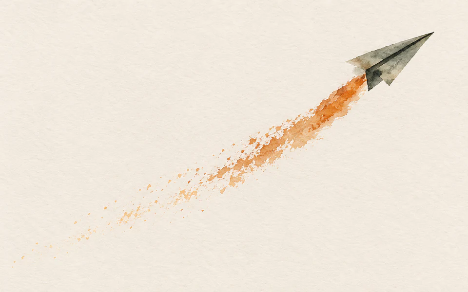 Watercolour of a paper plane climbing, a burnt orange wash breaking up in its wake
