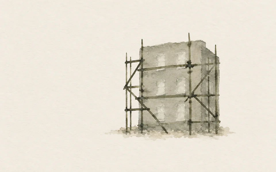 Watercolour of olive scaffolding poles crossing in front of a plain unmarked facade